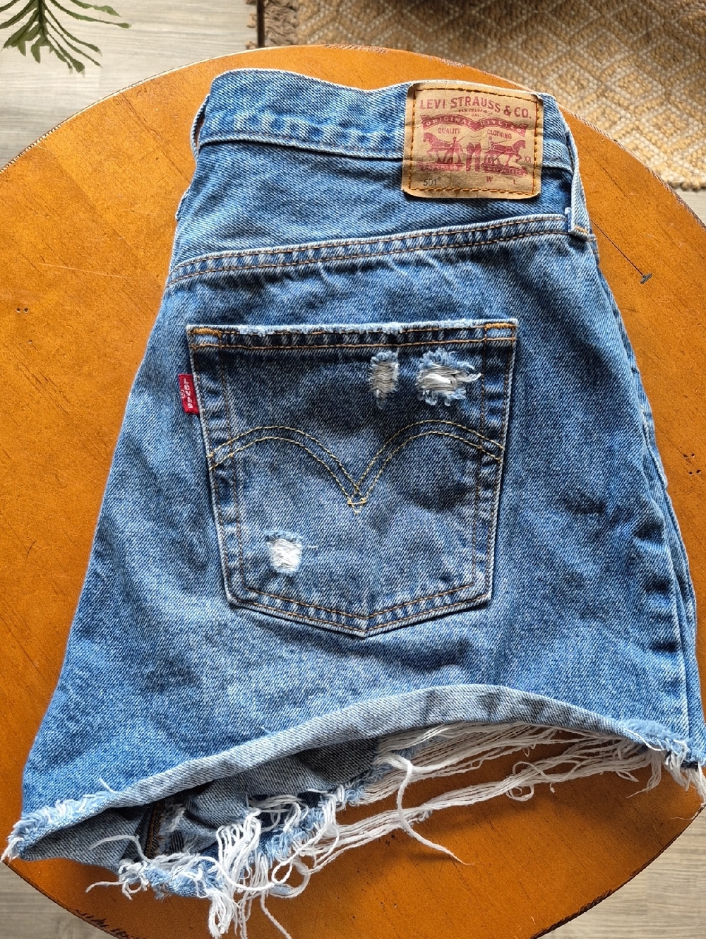 Levi's 501 Buttonfly Faded Blue Distressed Denim Shorts. Size 34